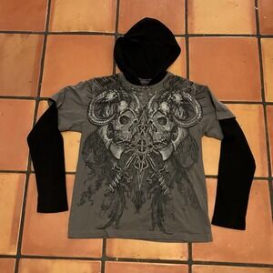 Vtg Y2K MMA Elite Mens M Skeleton Skull Layered Thermal Knit Hoodie T-Shirt